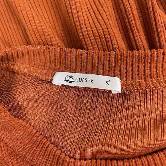 Cupshe Dress Ribbed Burnt Orange Tiered Long Balloon Sleeves Milk Maid XL Fall - Picture 8 of 12